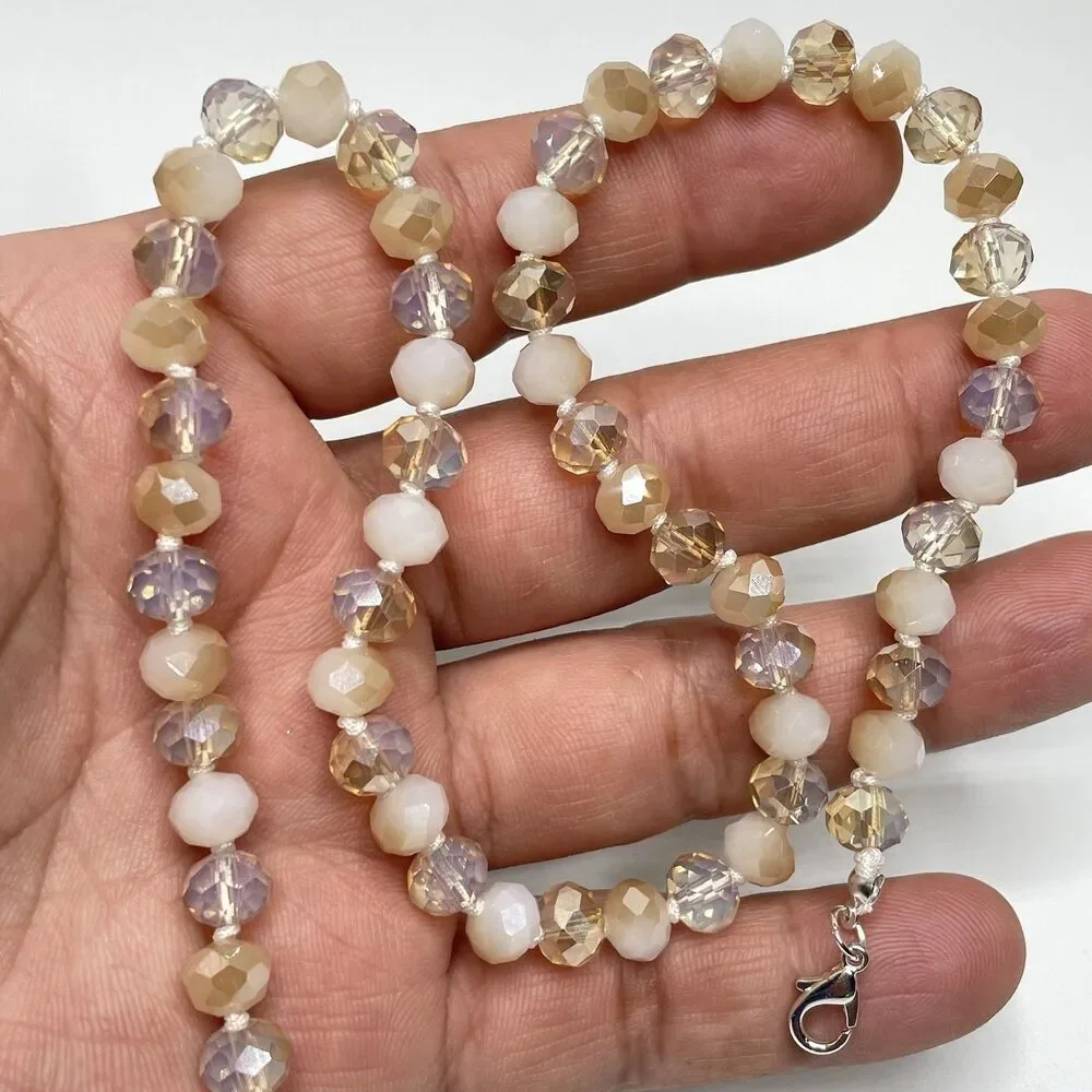 Stunning Cream Beige Glass Rondel Beaded Knotted Necklace Boho Fashion Statement